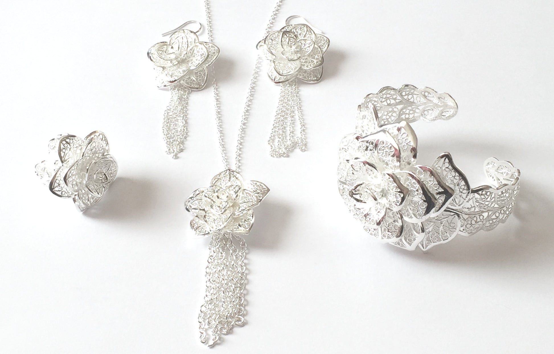 Floral Filigree Jewellery Set, A beautiful and unique silver toned four piece filigree jewellery set in a silver finish
