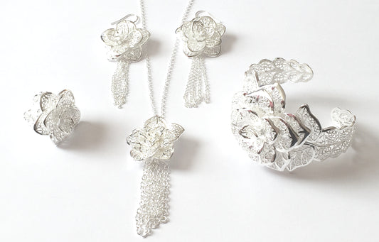 Floral Filigree Jewellery Set, A beautiful and unique silver toned four piece filigree jewellery set in a silver finish
