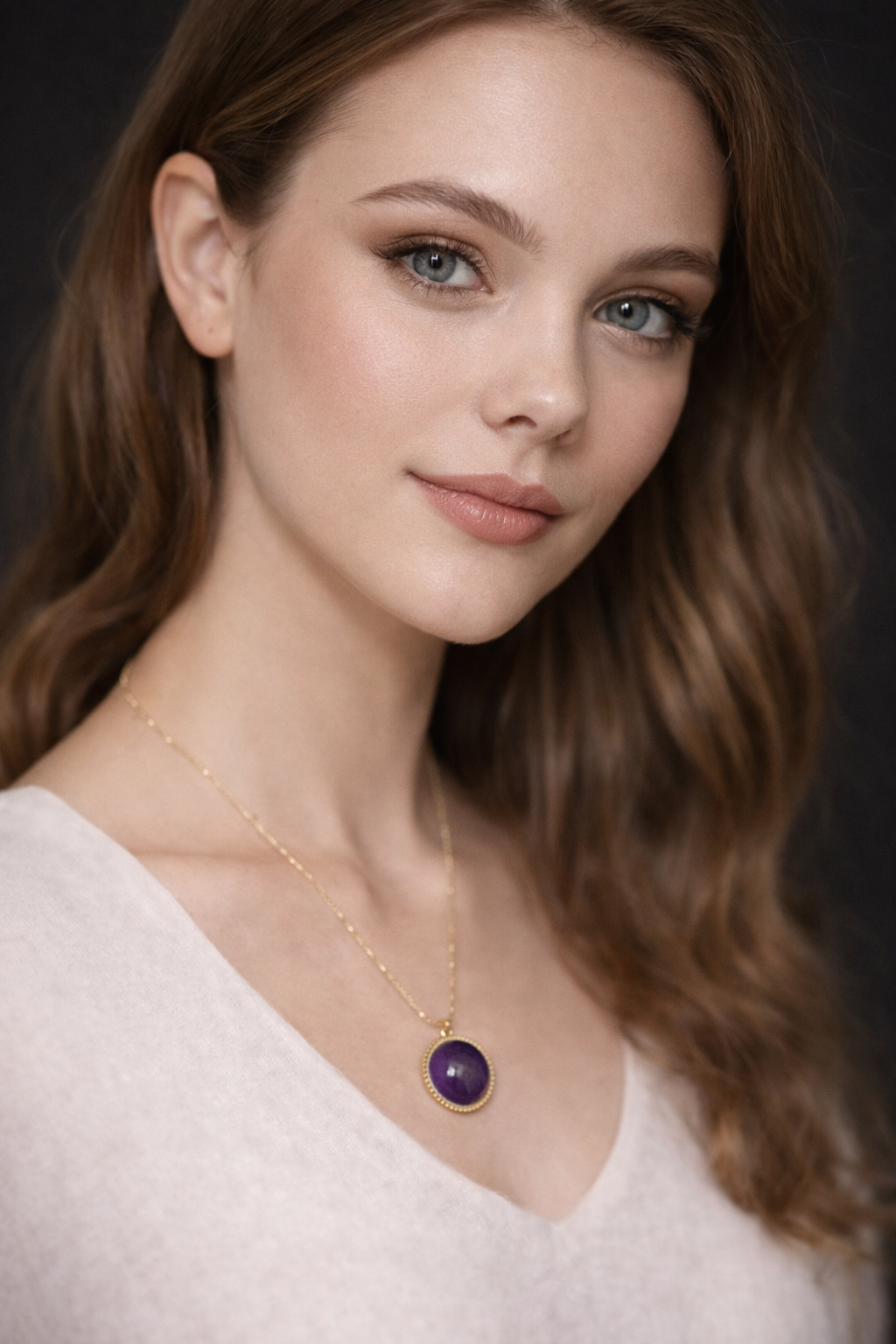 Woman wearing a necklace with a purple pendant against a dark background by SommerSparkle