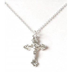 Ornate Crucifix Necklace, A Crucifix pendant on a link chain, with a lovely bright silver colour finish and a secure clasp.  This would make a lovely gift for a First Communion, given as a religious gift or to wear on a day-to-day basis