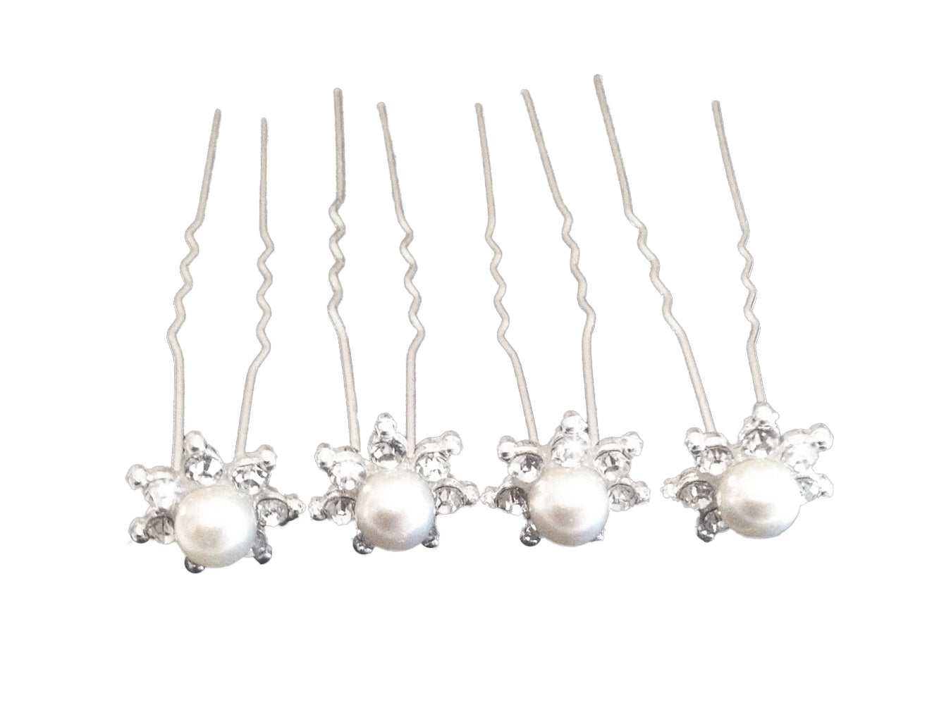 Crystal and Pearl Flower Hair Pin, An exquisite faux pearl hair on seven clear crystal petals encapsulated on a silver coloured hair prong pin clip, perfect for a prom, communion, wedding or special occasion