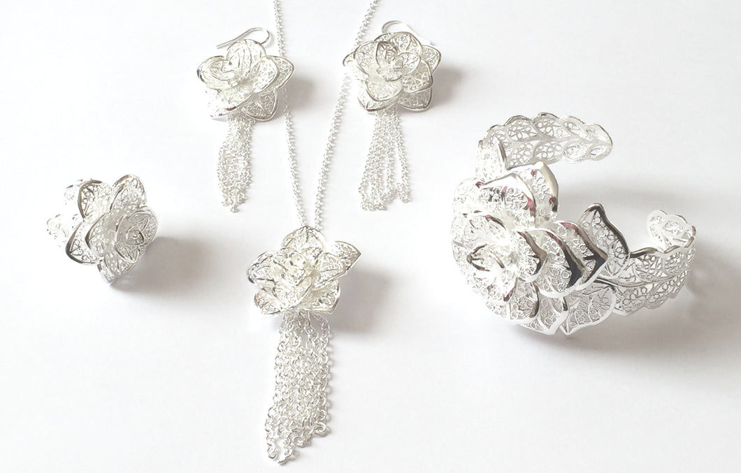 Floral Filigree Jewellery Set, A beautiful and unique silver toned four piece filigree jewellery set in a silver finish 