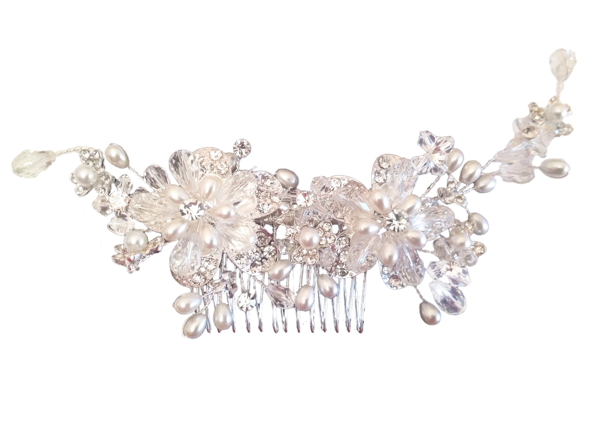 Premium Flower Hair Decoration, Feel like a Fairytale Princess with this breathtakingly beautiful hair comb decoration adorned with layers of sparkling Austrian crystal and hand-cut premium crystals in a floral design, enchanted with sprays of freshwater pearls entwined in crystal along a silver tone comb