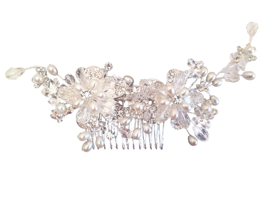 Premium Flower Hair Decoration, Feel like a Fairytale Princess with this breathtakingly beautiful hair comb decoration adorned with layers of sparkling Austrian crystal and hand-cut premium crystals in a floral design, enchanted with sprays of freshwater pearls entwined in crystal along a silver tone comb