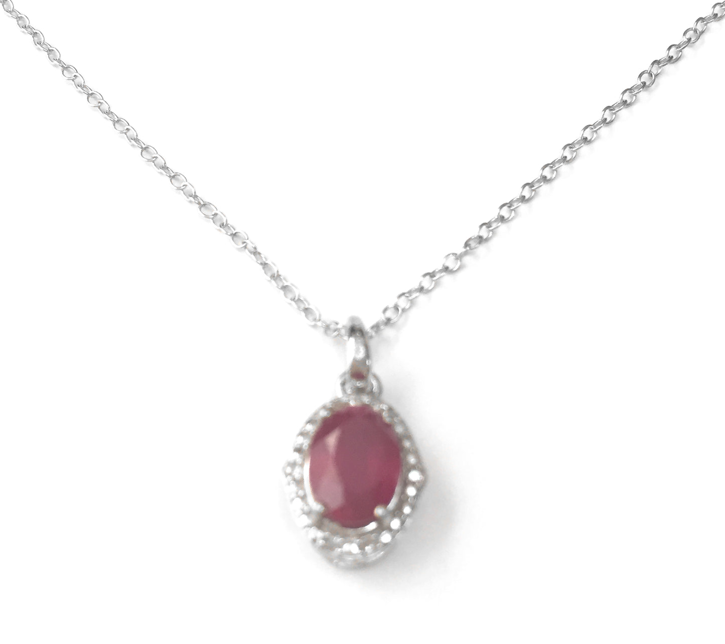 'Maria' Ruby & Diamond Sterling Silver Necklace, A magnificent and majestic piece, designed with 1.750 carats of ruby, the gem of choice for royalty; surrounded by 0.040 carats of diamonds, exquisitely placed on a pure sterling silver chain  